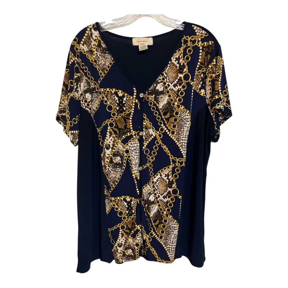 Diana Belle Women’s Plus 2X Blouse – Navy Chain & Snakeskin Print Top Short Slee